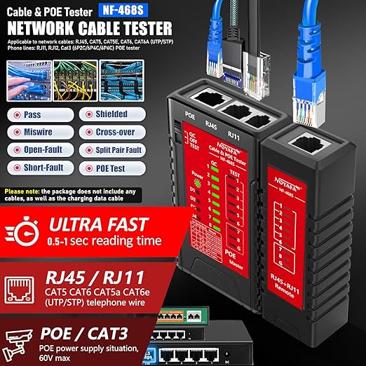 NF-468S RJ45 Network Cable Tester for CAT5, CAT5E, CAT6, CAT6A, Cat7 POE Test UTP/STP Cable Checker Telephone Line CAT3 Cable Mapper Network Tools (Professional Grade)