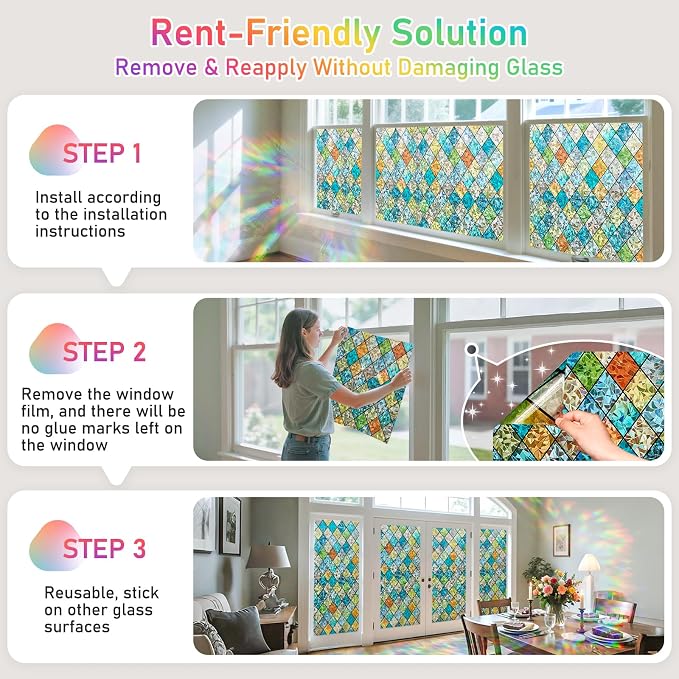 Sunbaby Window Privacy Film Stained Glass Decorative Rainbow Window Cling 3D - Image 8