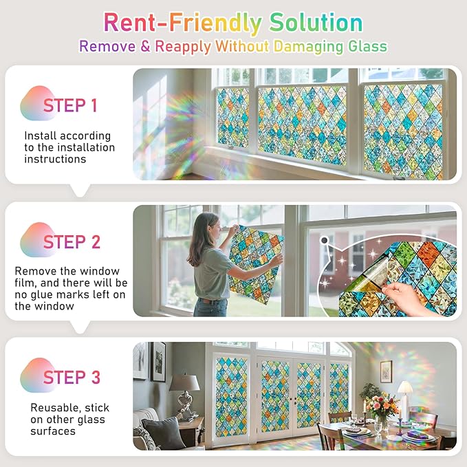 Sunbaby Window Privacy Film Stained Glass Decorative Rainbow Window Cling 3D - Image 9