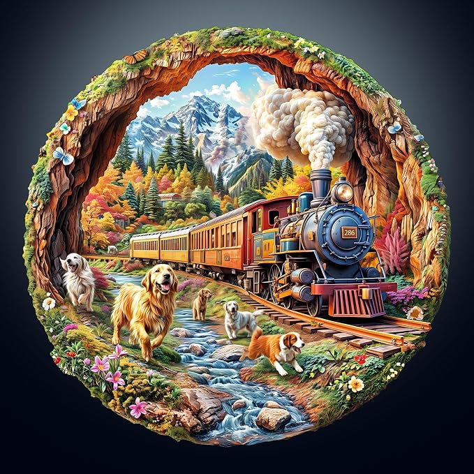KAAYEE Wooden Puzzles for Adults, Dogs Racing Against Trains Wooden Jigsaw - Image 9