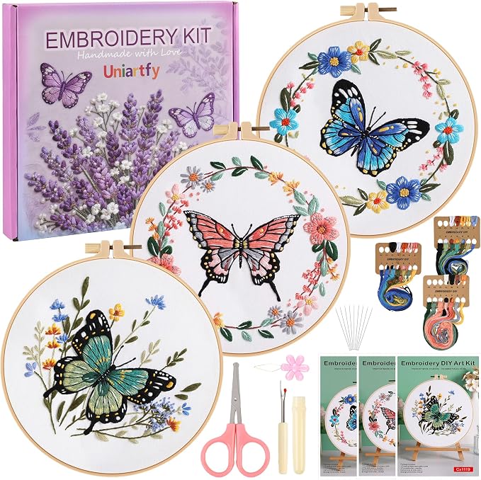3 Sets Butterfly Flower Embroidery Kit by Uniartfy