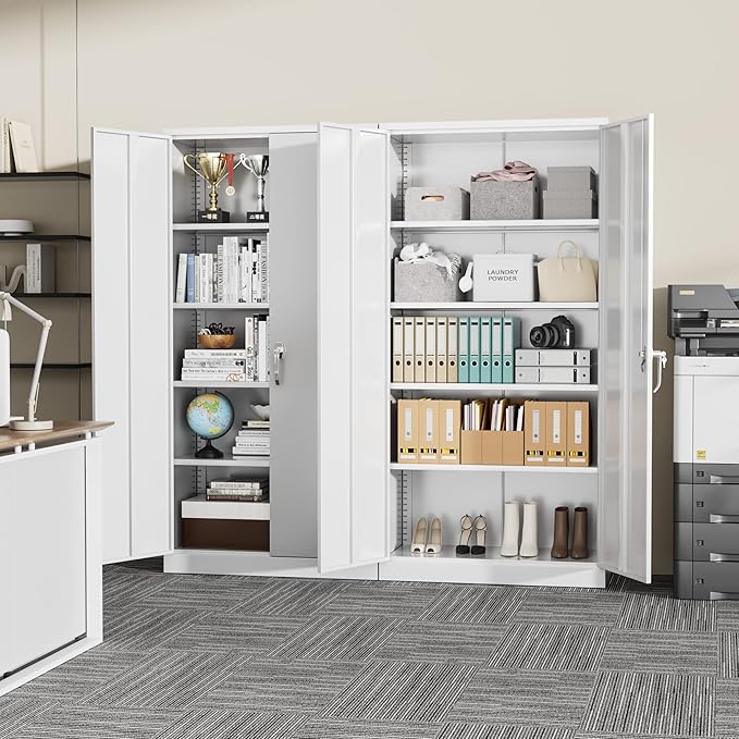 SUNCROWN 72" Metal Storage Cabinet - Heavy-Duty Metal Garage Cabinet with 4 Adjustable Shelves & 2 Doors for Tools, Office, Home, Workshop,White-Small