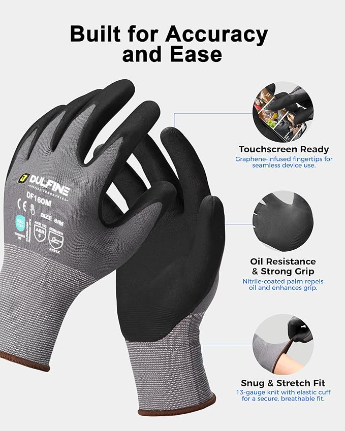 DULFINE Safety Work Gloves MicroFoam Nitrile Coated-12 Pairs Pack,Seamless Knit Nylon Glove with Black Micro-Foam Nitrile Grip,Ideal for General Purpose,Automotive,Home Improvement,Painting(Small)