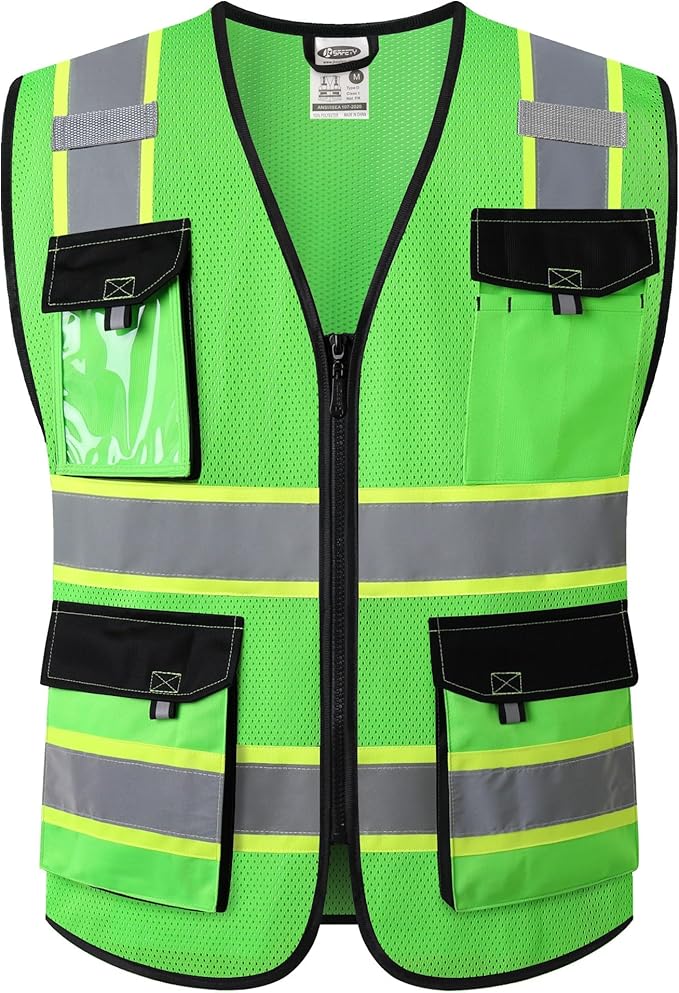 JKSafety Hi Vis Reflective Safety Vests for Men Women High Visibility Vest with Pockets Mesh Fabric Construction Safety Apparel Neon Vest for Work (220-Green L)
