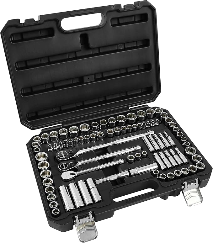 GreatNeck HC82U 82-Piece Mechanic's Tool Set – SAE & Metric, 1/4", 3/8", 1/2" Drive Socket Set, Chrome Vanadium, Posi-Grip No-Slip™, Reversible Ratchets, Storage Case Included