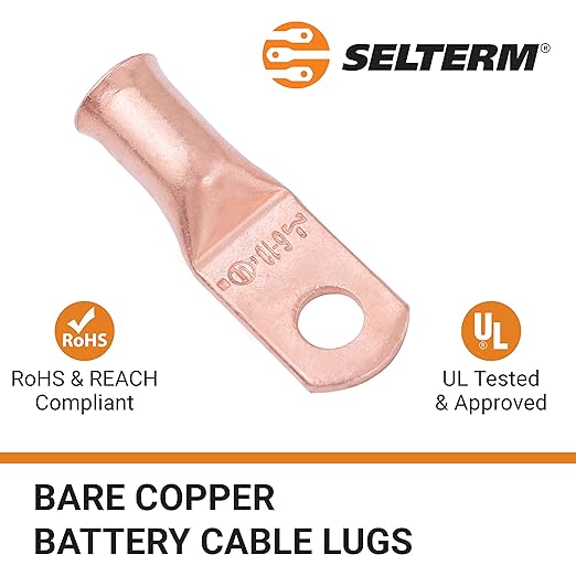 SELTERM 10pcs 6 AWG - #10 Stud - Battery Lugs, Heavy Duty Wire Lugs, Ring Terminals, Battery Cable Ends,6 Gauge Terminals, UL Bare Copper Eyelets Electrical Battery Terminal Connectors