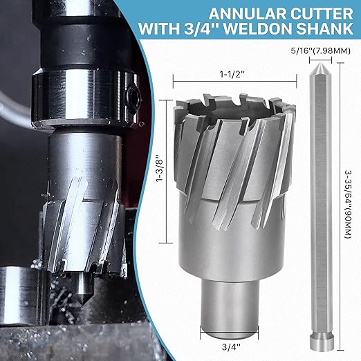 KEENTECH Carbide-Tipped Annular Cutter, 1-1/2" Diameter x 1-3/8" Depth, 3/4" Weldon Shank (2 Flat), High Speed Cutting TCT Mag Drill Bit with Pilot Pin for Harder Material, Stainless Steel, Cast Iron