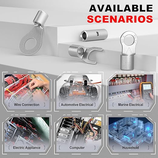 AIRIC 480 PCS Non Insulated Wire Connectors Kit, 26-8 AWG Uninsulated Connector, Bare Cable Ends, Electrical Crimp Terminals End, Wiring lugs for 26-8 Gauge Wires, Ring Fork Butt Splice Terminal