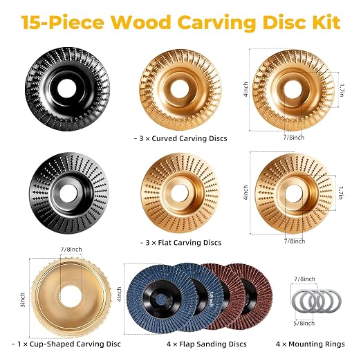 15-Piece Wood Carving Disc Kit for 4"-4.5" Angle Grinders, 5/8" Arbor, Complete - Image 2