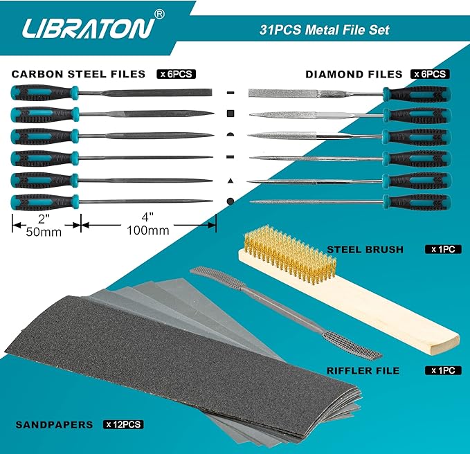 Libraton 31PCs Metal File Set, Metal Files, Metal Files for Steel, 12 Needle Files with Case, Riffler File, 12 Sandpapers, Steel Brush, File Sets for Wood and Metal, for Metalworking & Woodworking
