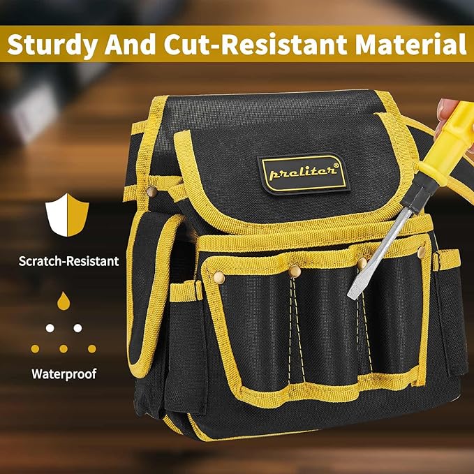 Tool Pouch with Belt, 9 Pocket Heavy Duty Tool Belt, Waterproof Electrician Tool Pouch,Utility Belt Single Side Belt Pouch for Electrician/Carpenter/Construction (Black Yellow)
