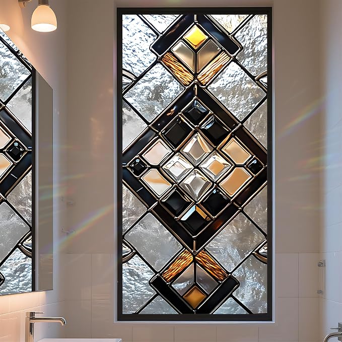 Stained Glass Window Privacy Film: Non-Adhesive Sun and Landscape Mosaic Design by AOHMPT
