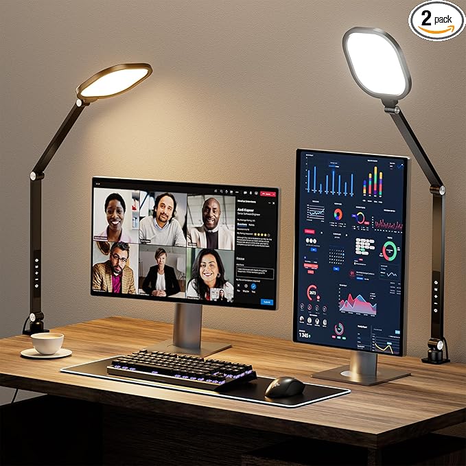2 Packs Led Desk Lamps for Home Office, 1200LM Dimmable Clamp-on Desktop Light, Adjustable Swing Arm Ring Light with Stand, Memory & Timer Function, Eye-Caring Design