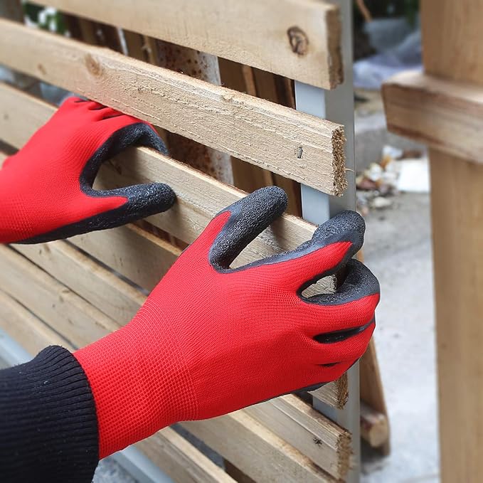 Evridwear Crinkle Latex Rubber Hand Coated Safety Work Gloves for Men Women General Multi Use Construction Warehouse Gardening Assembly Landscaping (L-Size) Red 120 Pairs Pack