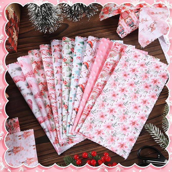 HunnmingRe 20 Pcs 10''x10'' Pink Christmas Quilting Fabric Square Santa Claus - Image 4