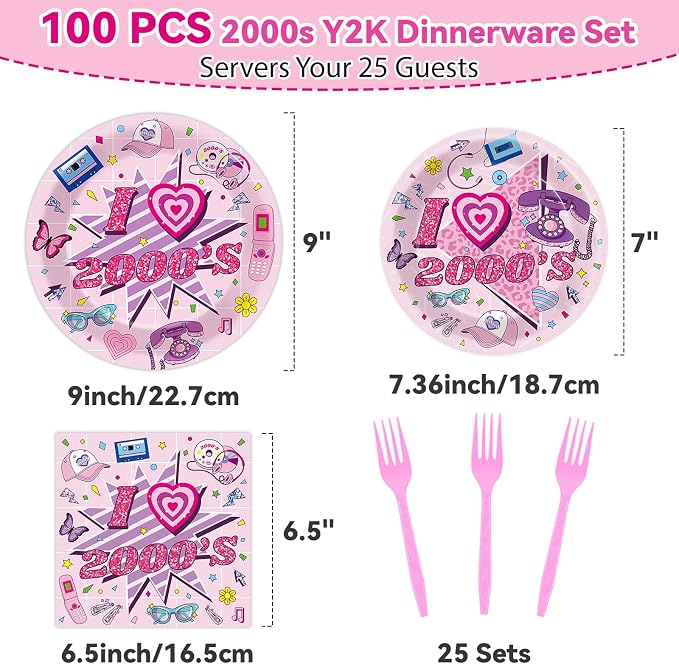 Qyeahkj 100Pcs 2000s Y2K Pink Decorations Party Supplies 90s Plates Napkins - Image 2