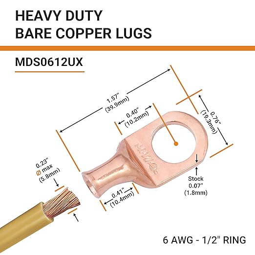 SELTERM 25pcs 6 AWG 1/2" Stud Battery Lugs, Ring Terminals, Heavy Duty Copper Wire Lugs, Battery Cable Ends, 6 Gauge Ring Terminal Connectors, UL Bare Copper Eyelets Electrical Battery Cable Lugs