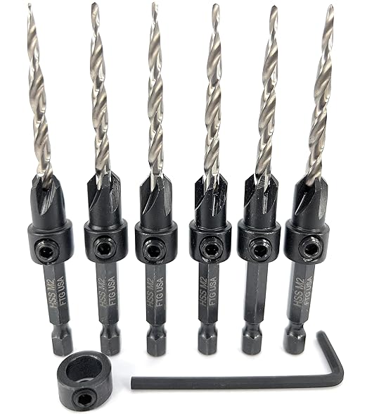 FTG USA Countersink Drill Bit Set for Wood with Tapered Drill Bit 6 Pc #8 (11/64")