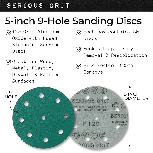 5-Inch 9-Hole 120 Grit Sanding Discs - Heavy-Duty Hook & Loop Film Discs - Sandpaper for Random Orbital Sanders - 50 Pack Box