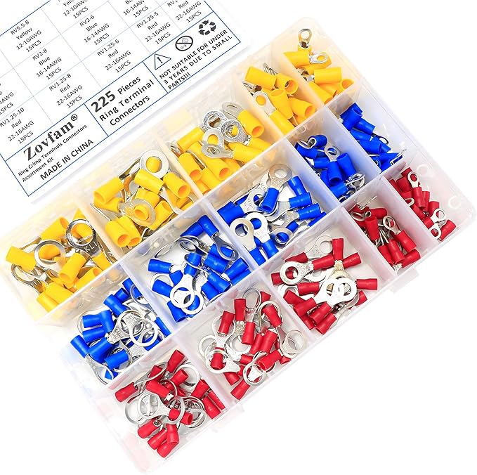 225Pcs Ring Terminals Electrical Wire Crimp Connectors Assortment Kit Yellow, Blue, Red