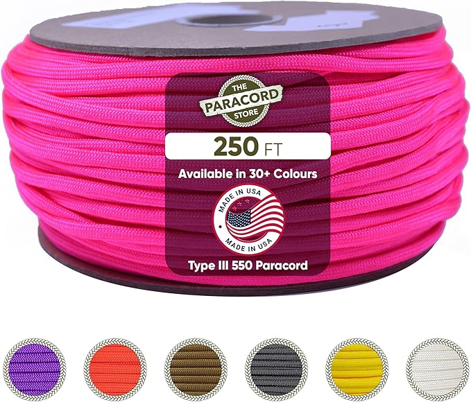 The Paracord Store | Type III 550 Paracord - 250 FT Spool, Neon Pink | Heavy Duty 7 Strand Tactical Paracord - USA Made Nylon Outdoor Parachute Cord for Camping, Fishing & More - Survival Cord