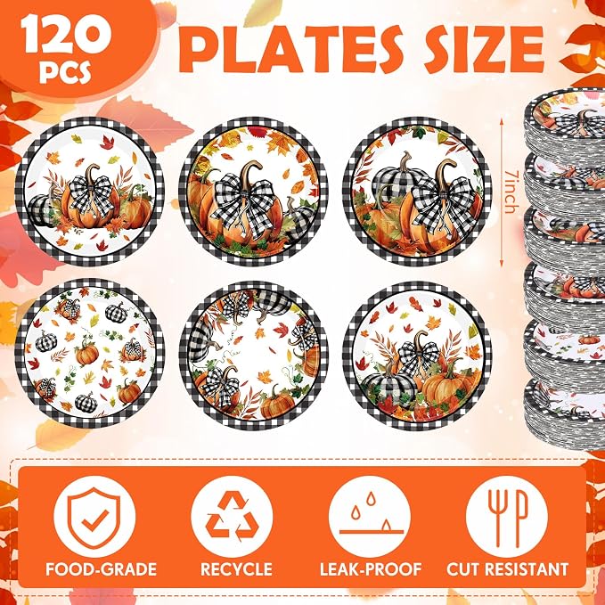 Funnymoom 60 Pcs 7 Inch Fall Pumpkin Paper Plates Thanksgiving Black Buffalo - Image 2
