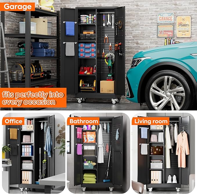 71" H Broom Closet Storage Cabinet with Wheels,Rolling Tool Cabinet with Lockable and Magnetic Doors,Adjustable Shelves and Pegboard for Garage Warehouse Home,Required Assembly,Black