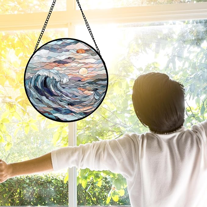 DASTOLL Stained Glass Window Hanging, Sunrise Waves Sun Catchers Diamond Glass - Image 2