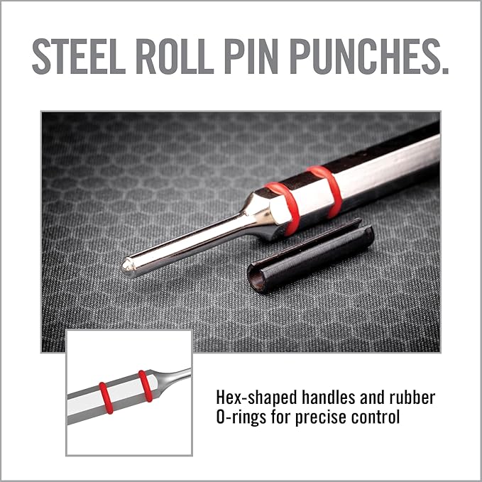 Real Avid Roll Pin Punch Set & Hammer + Non-Slip Magnetic Bench Block | 10 Nickel-Plated Steel Roll Pin Punches, 4 Interchangeable Hammer Heads - Brass, Steel, Ruber, Nylon & Non-Marring Bench Block