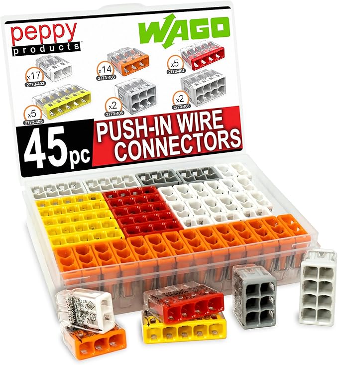 Wago 2773 Wall Nuts 45pc Push-in Wire Connector Assortment Kit with Case | Splicing for Solid and Stranded Electrical Conductors | 2773-402, 2773-403, 2773-404, 2773-405, 2773-406, 2773-408