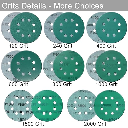 5 Inch 8 Hole Sanding Discs, 50 Pcs Wer Dry Sandpaper 600 Grit Hook and Loop Green Polyester Film Backed Sanding Disc for Random Orbital Sander Wood Car Metal Plastic (600 Grit, 50 Pack)