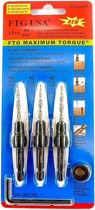 FTG USA Adjustable Wood Countersink Drill Bit Set 3 Pc #6 (9/64"") with Tapered Drill Bit for Woodworking