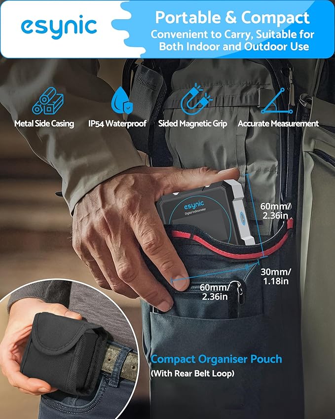 eSynic Portable Digital Angle Finder with Laser Waterpoof 4 Sides Magnetic Digital Inclinometer Level Box Backlight LCD Display Rechargeable Digital Angle Gauge (Laser Level Class II,Output: 0.51mW)