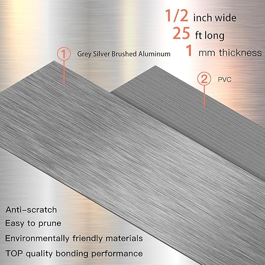 GSCIT Club Grey Silver Edge Banding, 1/2 Inch x 25ft Aluminum Brushed Edge Banding PVC Edge Trim for Cabinet Repair Furniture