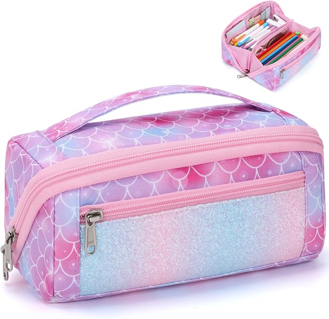 Pencil Case for Girls, Durable Kids Pencil Pouch for School, Wide Opening Soft by BrainyBees