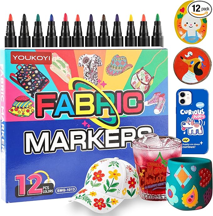 YOUKOYI Fabric Markers, 12 Colors Acrylic Paint Pens, Fabric Decorating Kits No by YOUKOYI