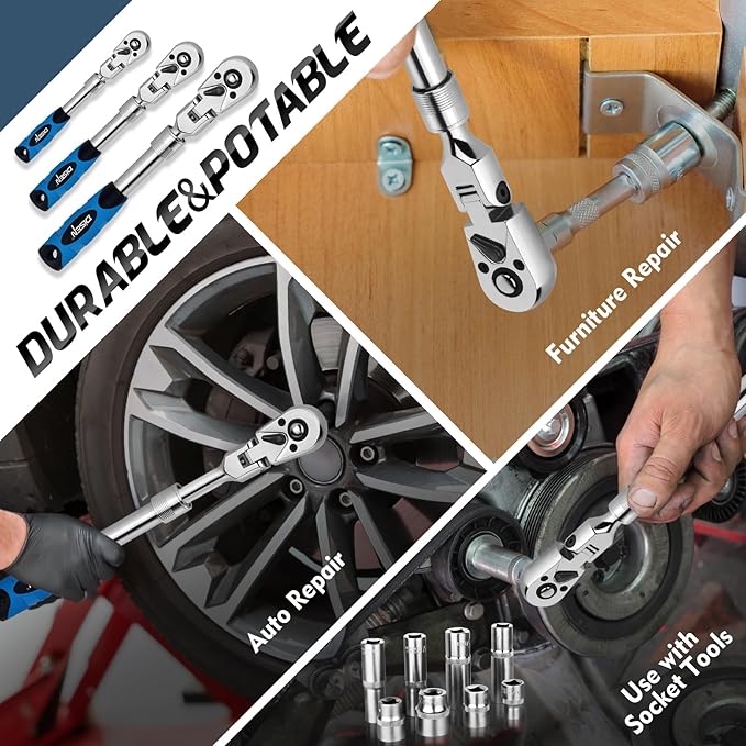 DISEN 3-Piece Extendable Flex-Head Ratchet Wrench Set with EVA Storage Case - 1/4", 3/8", 1/2" Drive, 72-Tooth, Rubber Grip, Adjustable Length - Professional Automotive and DIY Tools
