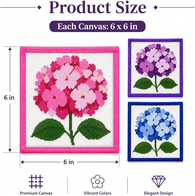 Zplontya Needlepoint Canvas Kit Include 3PCS Flower Printed Patterns Bound - Image 2