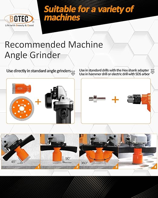 BGTEC Diamond Hole Saw Kit - 10PCS 6/8/10/25/35/50/65mm Drill Bits & 10mm Milling Finger Bit & 50mm Chamfering Bit & HEX & 100mm Tile Blade for Porcelain Tile Ceramic Granite Marble Stoneware