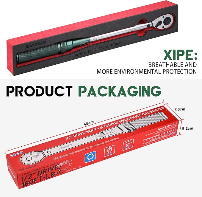 1/2-Inch Drive Click Torque Wrench, Torque Wrench 1/2 Drive 10-160FT.LB/13.6-217N.M with a XIPE Storage Tray, Green
