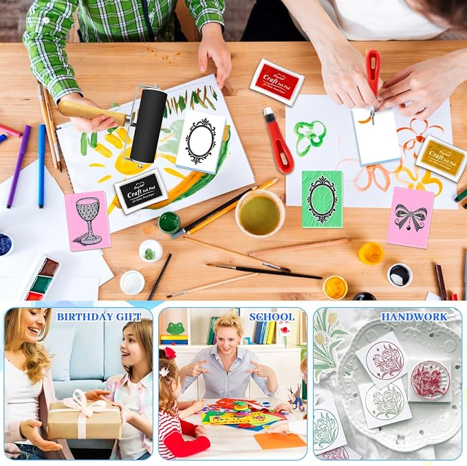 11 Pack Linoleum Block Stamp Making Kit, 3 Ink Pads, Brayer Roller & 6 Type - Image 5