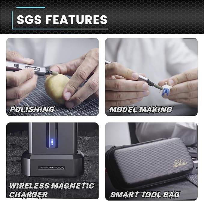 AM ARROWMAX Electric Mini Engraving Pen with 36 Bits, Aluminum Case, APP, Wireless Magnetic Charger, Tool Bag, Cordless Rotary Tool，Engraving Pen for Metal, Wood, Glass and Plastic (SGS Mini Plus)
