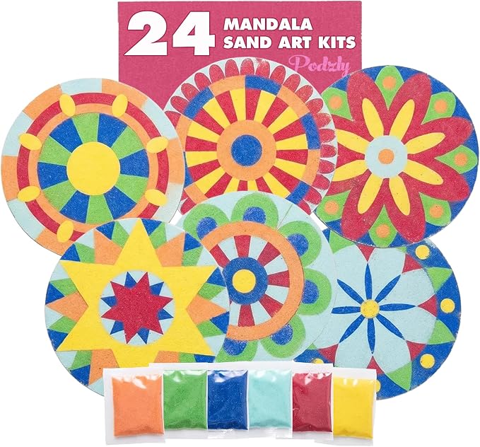 Podzly Sand Painting Mandala Coloring Craft Kits 24 Piece – Self-Adhesive Sand by Podzly