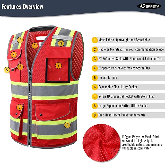 JKSafety 11 Pockets Hi-Vis Black Mesh Safety Vest for Men Women High Visibility Reflective Construction with Zipper Work Utility PPE Work Gear ANSI/ISEA compliant (102-Red 3XL)