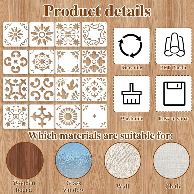 Yuanchu 16 Pack Tile Stencil Set, Reusable Spanish Mexican Talavera Stencils - Image 6