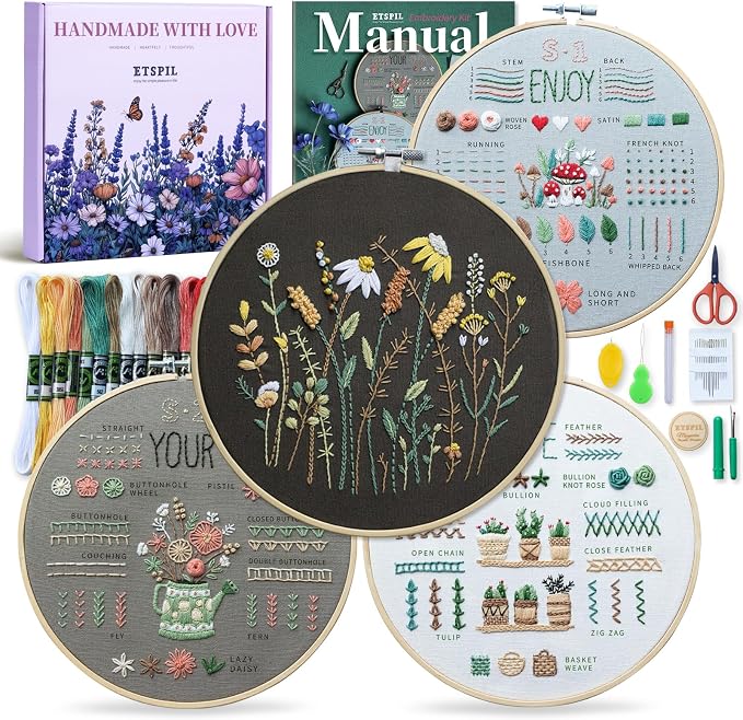 ETSPIL Embroidery Kit for Adults, 2 Hoops, 4K Slow-Mo, Pre-Printed Patterns | by ETSPIL