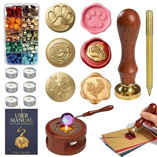 Wax Seal Stamp Kit for Beginners: Wax Sealing Tool Set 3 Brass Stamp Heads by SHOWPIN