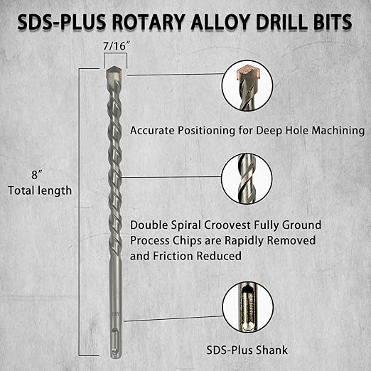 Direko 5-Piece 7/16 inch x 8 Inch SDS Plus Rotary Hammer Drill Bits Carbide Tipped Concert Drill Bits for Concrete, Brick, Cement Walls, Stone, Hammer Drill Bits for Concrete