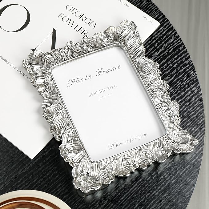 Cuspin 5x7 Picture Frame Silver Frames, Vintage Elegant Palm Leaves Textured - Image 4
