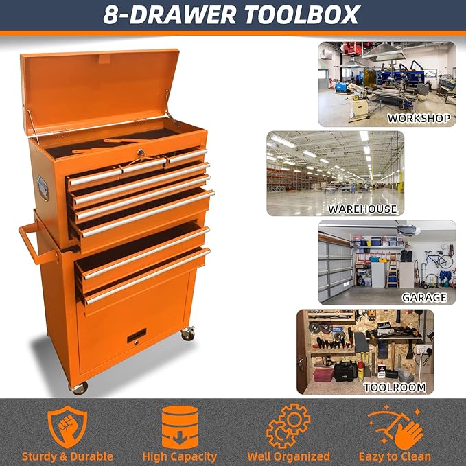 8-Drawer High Capacity Rolling Tool Chest - Big Storage Removable Tool Box w/ Lockable Drawers for Workshop & Garage (Orange)
